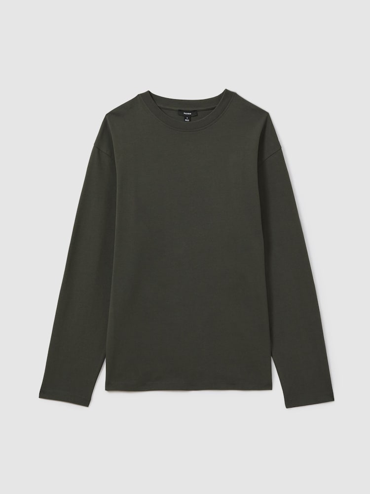 Reiss Khaki Cube Cotton Crew Neck Long Sleeve T-Shirt - Image 2 of 6