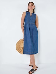 Roman Blue 100% Cotton Sleeveless Denim Midi Dress - Image 1 of 5