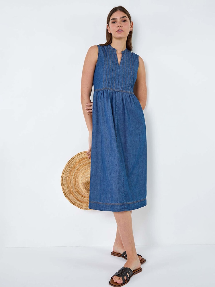 Roman Blue 100% Cotton Sleeveless Denim Midi Dress - Image 1 of 5