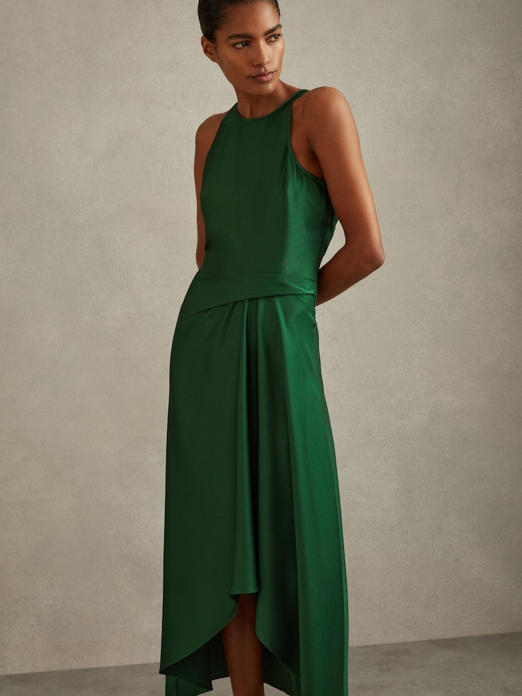 Reiss Green Micah Petite Satin Drape Tuck Midi Dress - Image 1 of 6