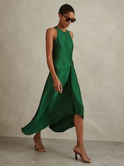 Reiss Green Micah Petite Satin Drape Tuck Midi Dress - Image 3 of 6