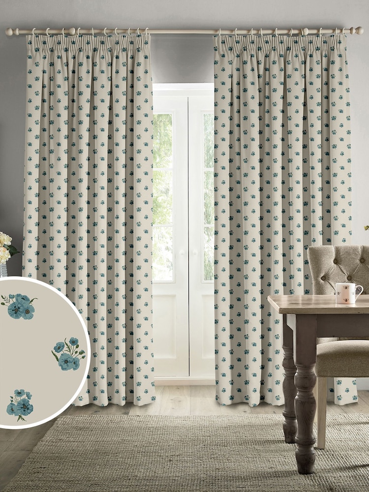 Sophie Allport Blue Poppies Made to Measure 100% Cotton Curtains - Image 1 of 6