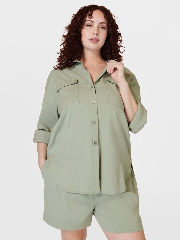 Sweaty Betty Savannah Green Summer Stretch Linen Utility Shirt - Image 1 of 8