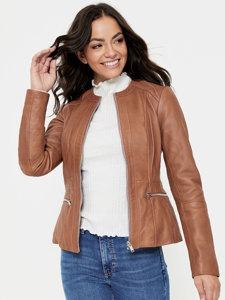 Urban Code Brown Petite Collarless Leather Jacket - Image 1 of 4