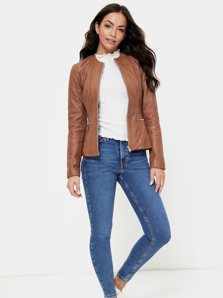Urban Code Brown Petite Collarless Leather Jacket - Image 2 of 4