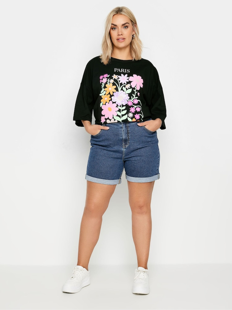 Yours Curve Blue Mom Turn Hem Shorts - Image 2 of 5