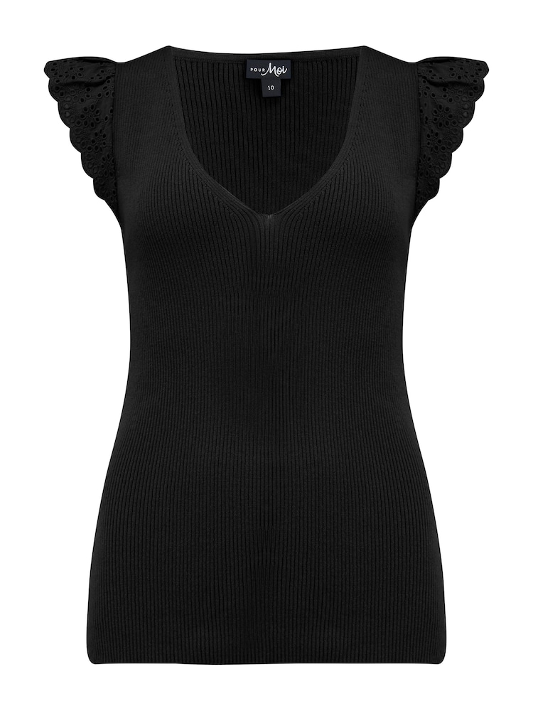 Pour Moi Black Sara Broderie Frill Sleeve Rib Knit Vest - Image 3 of 4