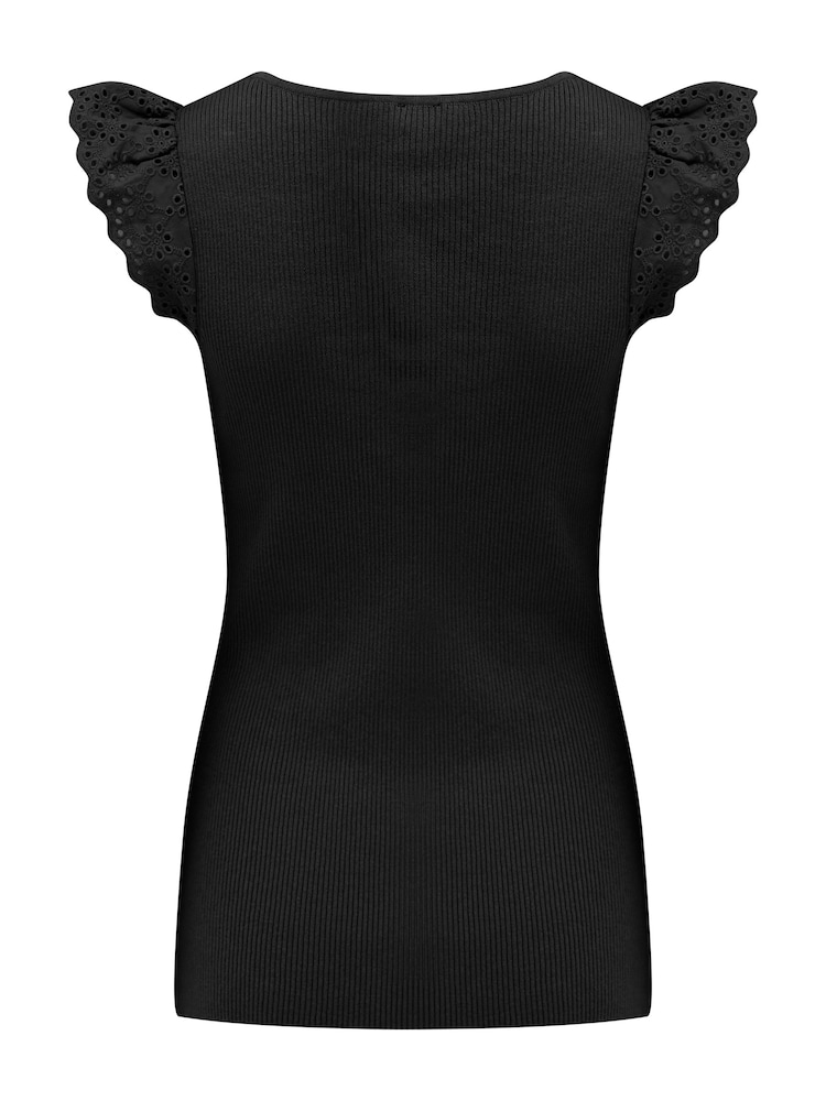 Pour Moi Black Sara Broderie Frill Sleeve Rib Knit Vest - Image 4 of 4