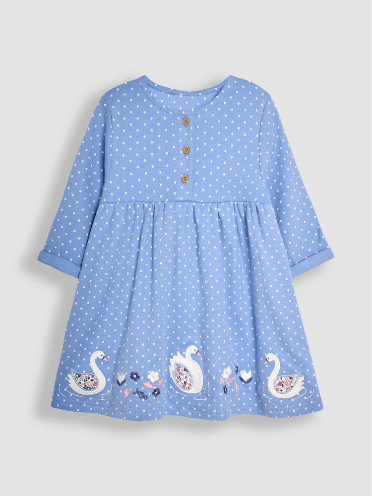 JoJo Maman Bébé Blue Swan Applique Button Front Dress - Image 1 of 3
