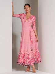 Jolie Moi Pink Peggy Ruched Sleeve Wrap Mesh Maxi Dress - Image 1 of 6
