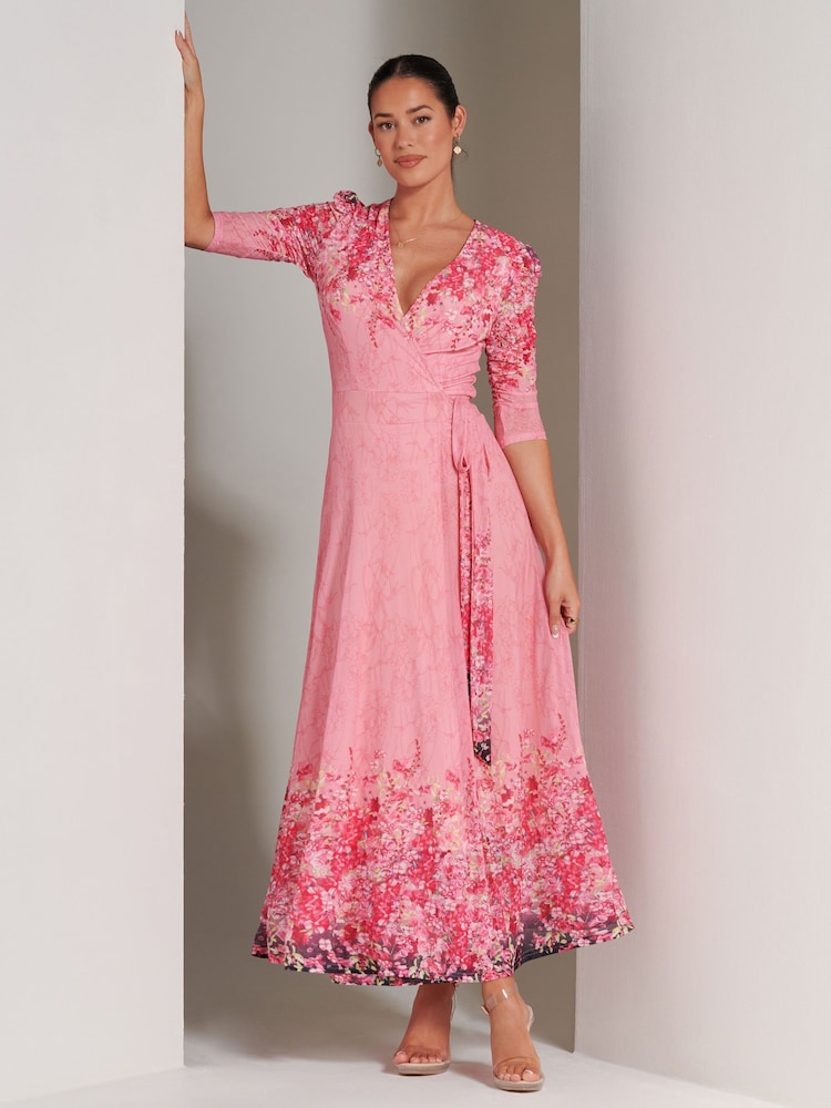 Pink - Jolie Moi Peggy Maxikleid mit gerüschten Ärmeln und Mesh-Wickelung - Bild 1 von 6 Pink - Jolie Moi Peggy Maxikleid mit gerüschten Ärmeln und Mesh-Wickelung - Bild 1 von 6