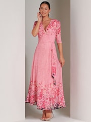 Jolie Moi Pink Peggy Ruched Sleeve Wrap Mesh Maxi Dress - Image 6 of 6