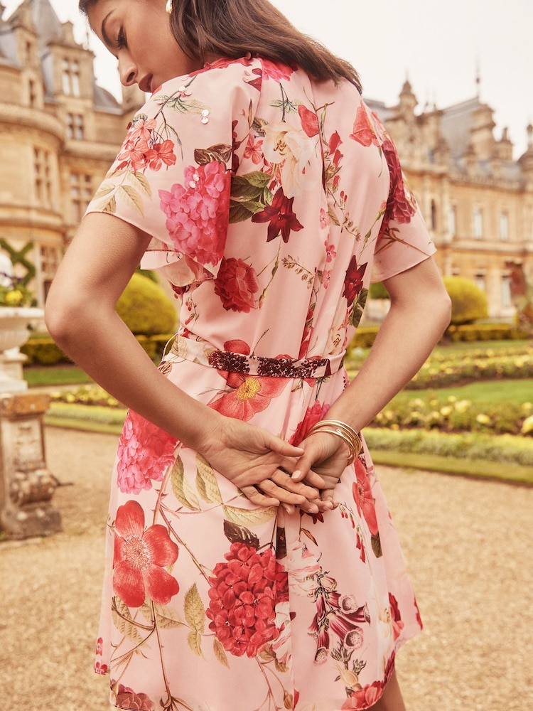 Lipsy Floral Print Flutter Sleeve Hand Embellished Mini Shift Dress - Image 2 of 4
