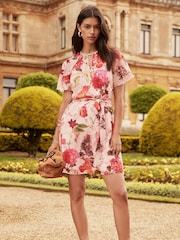 Lipsy Floral Print Flutter Sleeve Hand Embellished Mini Shift Dress - Image 3 of 4