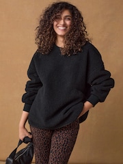 Black Print Relaxed Fit Teddy Borg Fleece Cord Back Longline Crew Neck Sweatshirt - Image 1 of 6