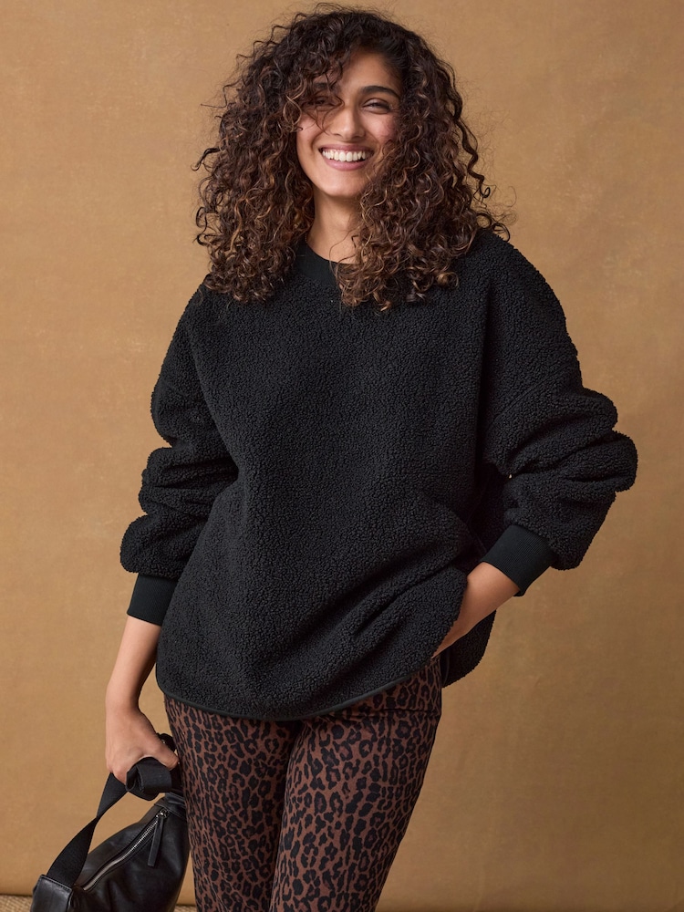 Black Print Relaxed Fit Teddy Borg Fleece Cord Back Longline Crew Neck Sweatshirt - Image 1 of 6