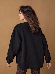Black Print Relaxed Fit Teddy Borg Fleece Cord Back Longline Crew Neck Sweatshirt - Image 3 of 6