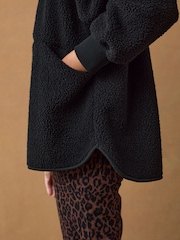 Black Print Relaxed Fit Teddy Borg Fleece Cord Back Longline Crew Neck Sweatshirt - Image 4 of 6