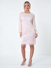 Roman Pink Pleated Sleeve Lace Shift Dress - Image 1 of 5