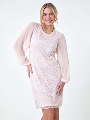 Roman Pink Pleated Sleeve Lace Shift Dress - Image 2 of 5