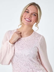 Roman Pink Pleated Sleeve Lace Shift Dress - Image 4 of 5