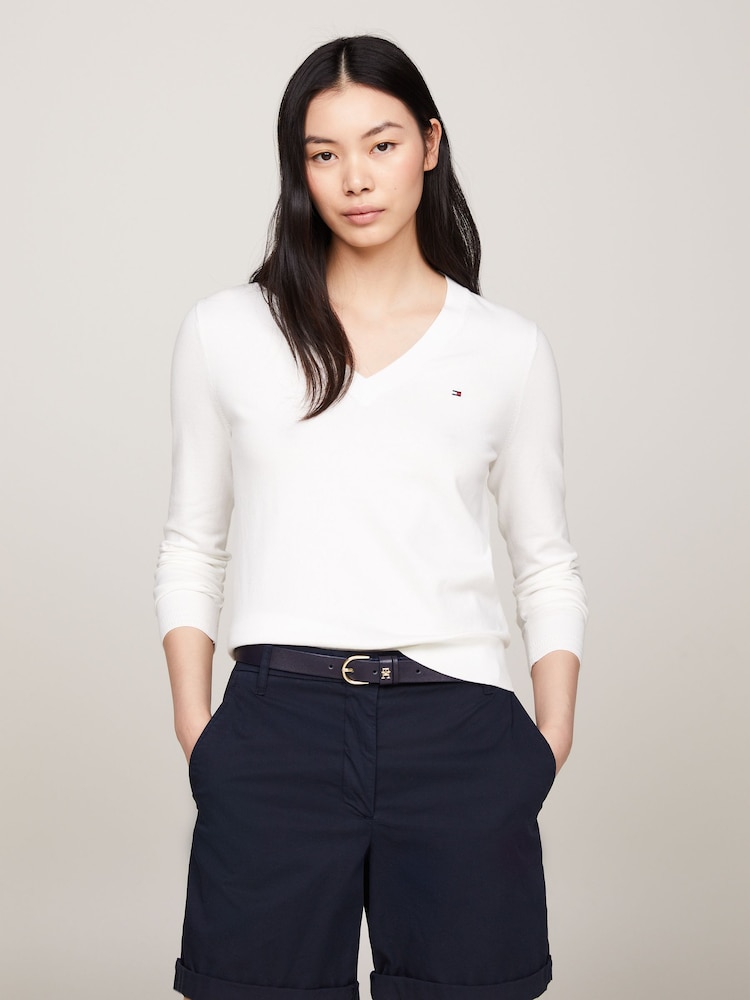 Tommy Hilfiger White Jersey Stitch V-Neck Dress - Image 1 of 4