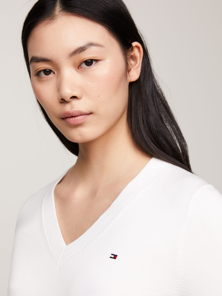 Tommy Hilfiger White Jersey Stitch V-Neck Dress - Image 4 of 4