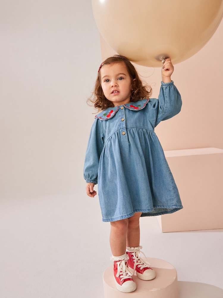 Blue Denim Cherry Embroidered Collar Dress (3mths-8yrs) - Image 1 of 7