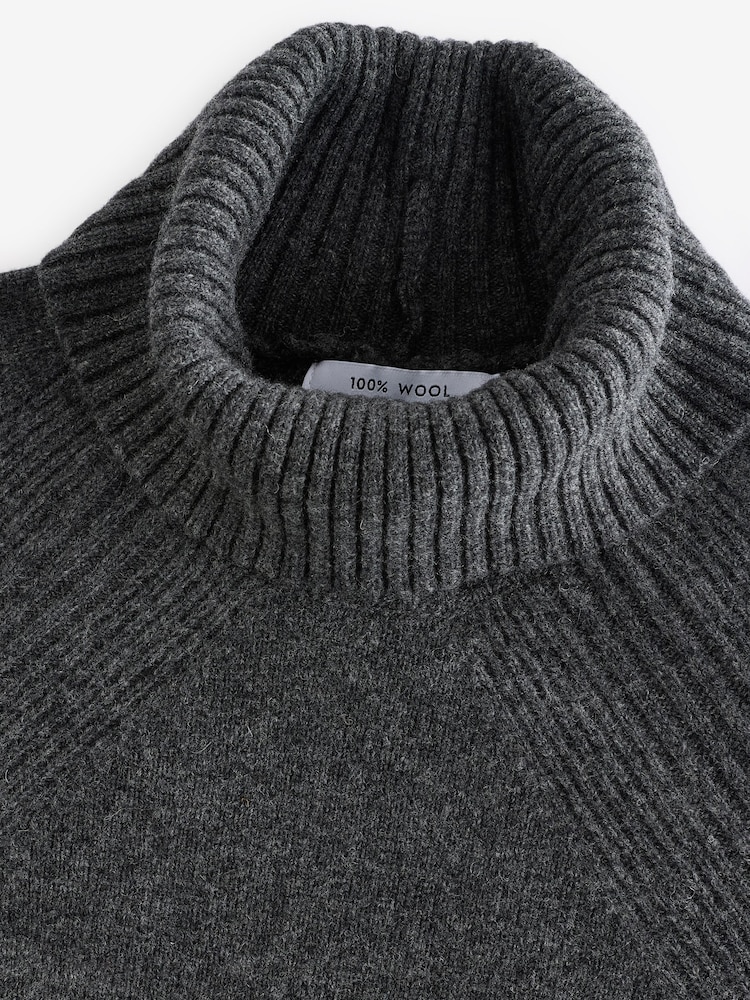Buy Grey Charcoal 100% Wool Premium High Roll Neck Knitted Jumper