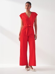VILA Red Tie Waist Smart Jumpsuit - Image 2 of 6