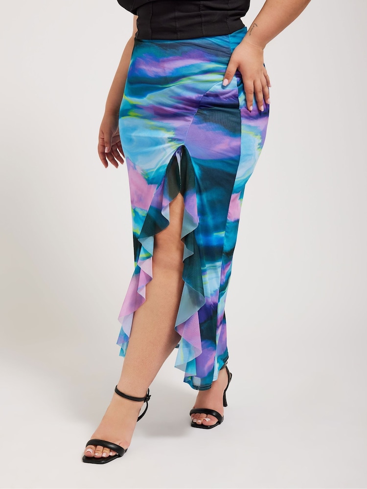 Yours Curve Green Mesh Ruffle Maxi Skirt - Image 1 of 5