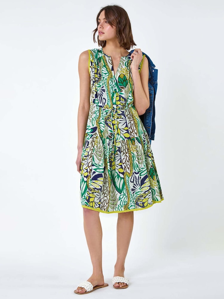 Roman Green Leaf Print Tiered Woven Dress - Image 1 of 5 Roman Green Leaf Print Tiered Woven Dress - Image 1 of 5