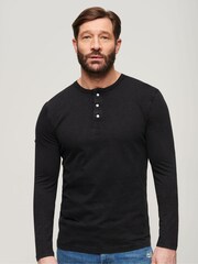Superdry Black 100% Cotton Long Sleeve Jersey Grandad Top - Image 1 of 3