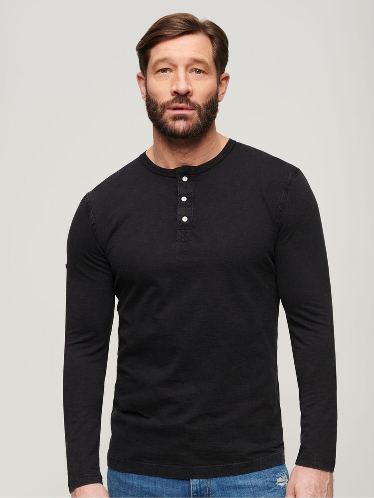 Superdry Black 100% Cotton Long Sleeve Jersey Grandad Top - Image 1 of 3