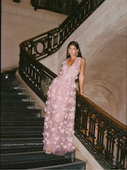 Blush Pink 3D Floral Print Textured V-Neck Maxi Dress - Image 1 of 1