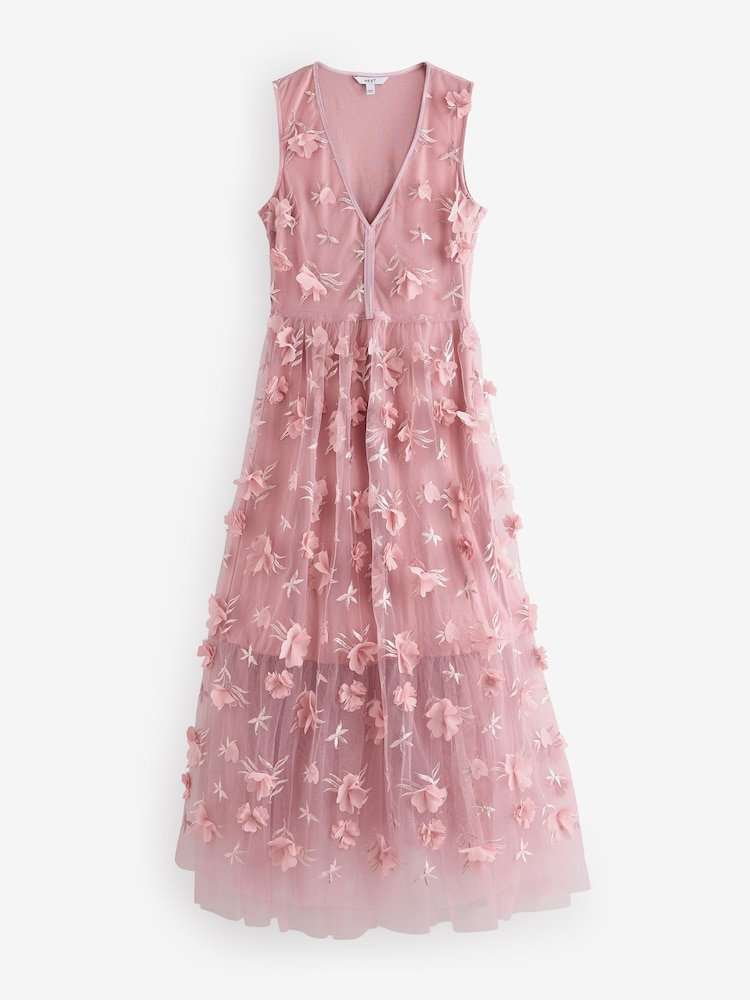 Blush Pink 3D Floral Print Textured V-Neck Maxi Dress - Image 6 of 8
