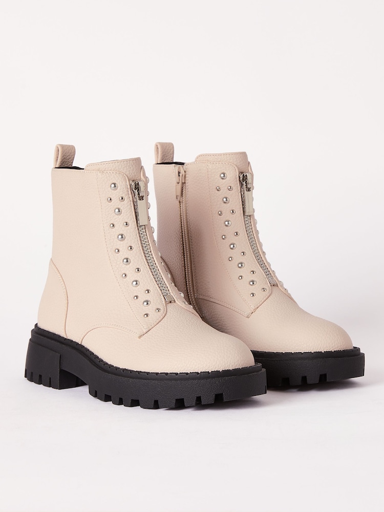 Lipsy Stone Chunky Studded Zip Front Faux Leather Ankle Boot - Image 1 of 4