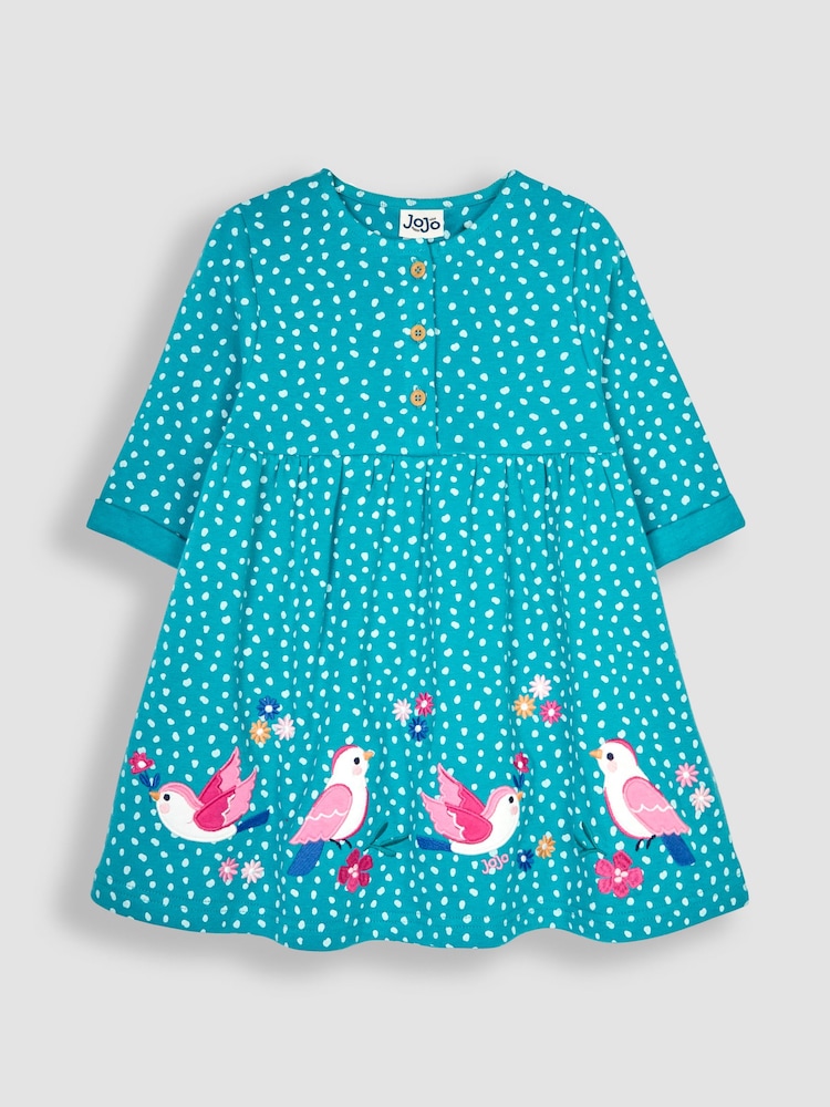JoJo Maman Bébé Green Bird Appliqué Button Front Dress - Image 1 of 4