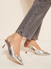 Friends Like These Silver Square Buckle Pointed Toe Slingback Court Shoe - Image 1 of 4