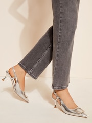 Friends Like These Silver Square Buckle Pointed Toe Slingback Court Shoe - Image 3 of 4