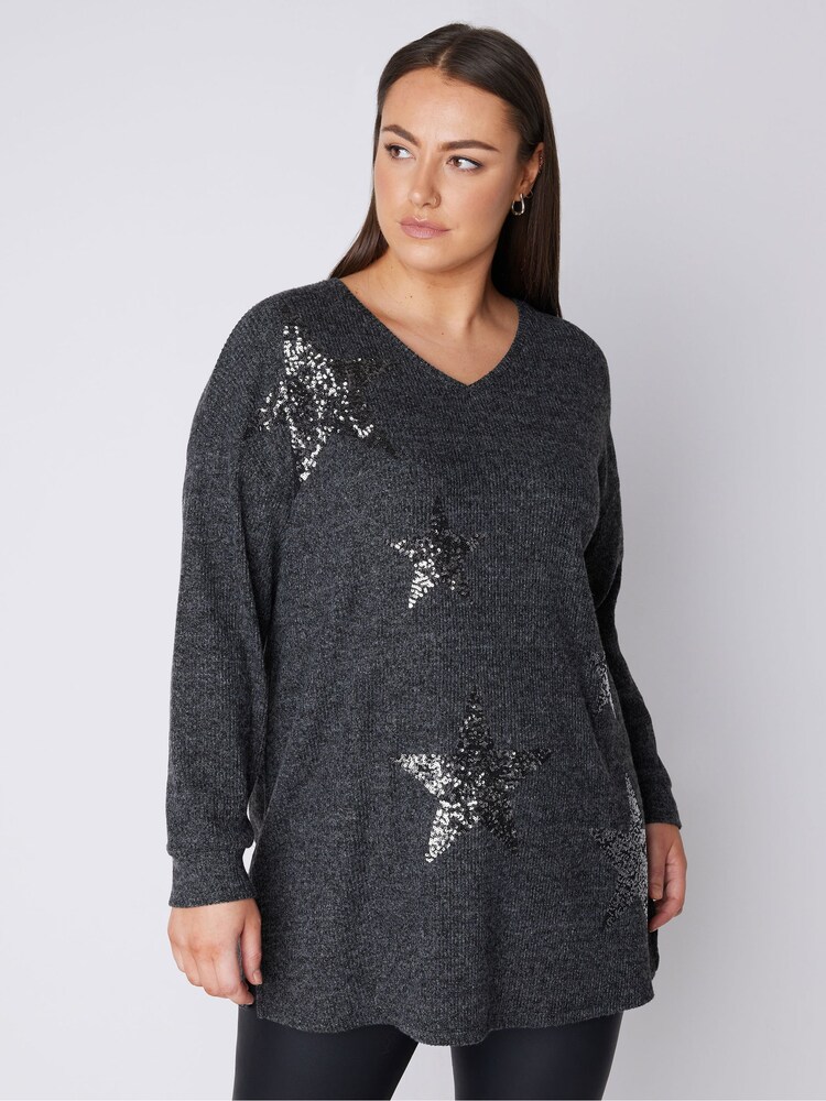 Evans V-Neck Sequin Star Jumper - Image 1 of 4
