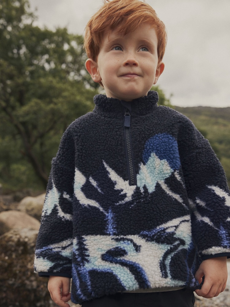 Navy Mountains All Over Print Scene Fleece Zip Through Jacket (3mths-7yrs) - Image 1 of 6