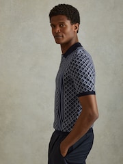 Reiss Navy Sanderson Half-Zip Diamond Stitch Polo Shirt - Image 1 of 5