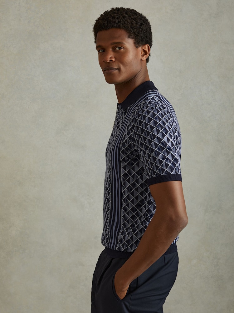 Reiss Navy Sanderson Half-Zip Diamond Stitch Polo Shirt - Image 1 of 5