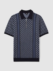 Reiss Navy Sanderson Half-Zip Diamond Stitch Polo Shirt - Image 2 of 5
