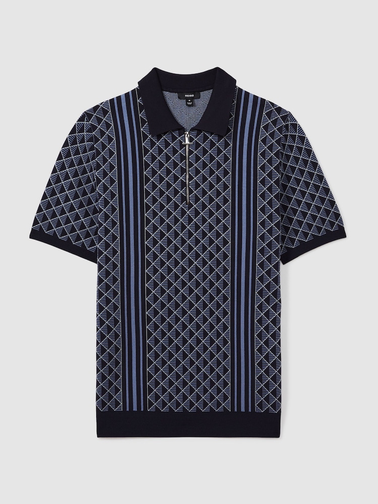 Reiss Navy Sanderson Half-Zip Diamond Stitch Polo Shirt - Image 2 of 5