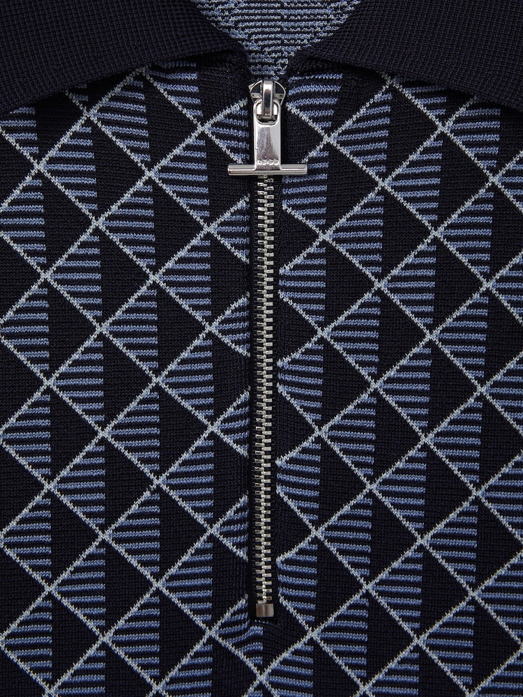 Reiss Navy Sanderson Half-Zip Diamond Stitch Polo Shirt - Image 5 of 5