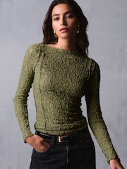 Olive Green Slash Neck Long Sleeve Lace Top - Image 1 of 5