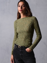 Olive Green Slash Neck Long Sleeve Lace Top - Image 2 of 5