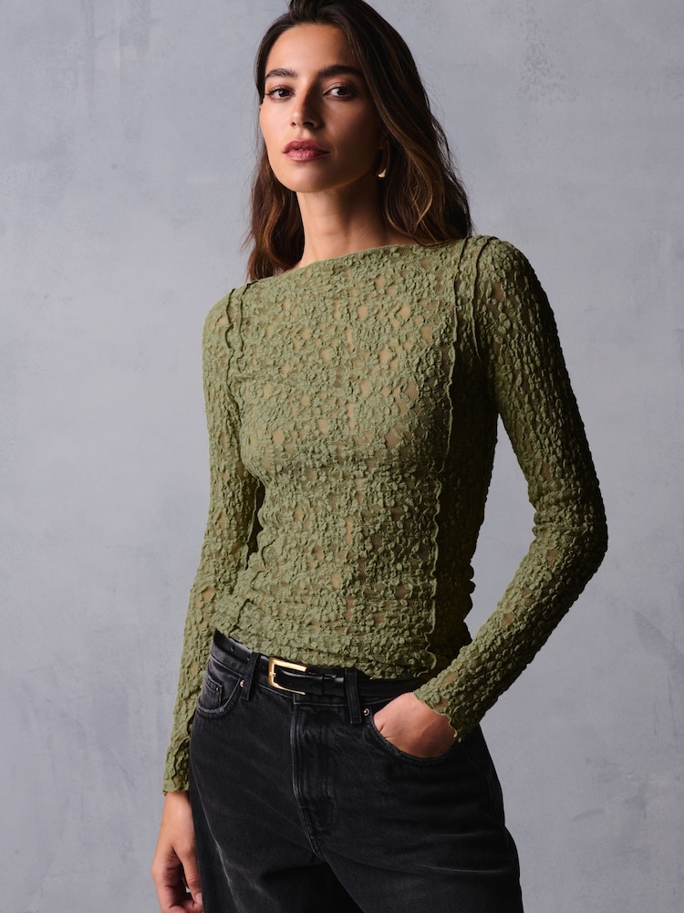 Olive Green Slash Neck Long Sleeve Lace Top - Image 2 of 5